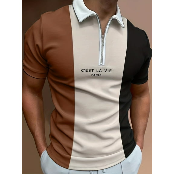 Men's Zipper Polo Shirt Short Sleeve Moisture Wicking Casual Golf Polo Shirt Quarter Zip Tops Brown L