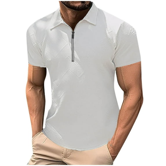 Men's Zipper Polo Shirt Short Sleeve Moisture Wicking Casual Golf Polo Shirt Quarter Zip Tops Solid Color Athletic
