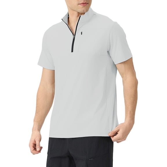 Men's Zipper Polo Shirt Short Sleeve Quick Dry Moisture Wicking Casual Golf Polo Shirt Quarter Zip Mock Neck Tops with Zipper Pocket Gray