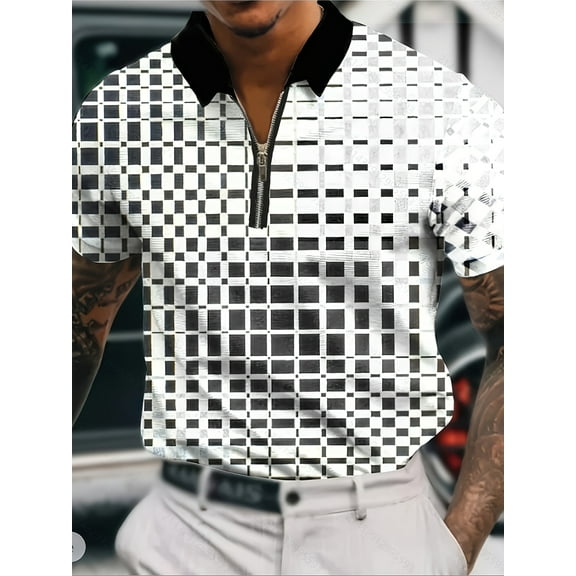 Men's Zipper Polo Shirts Short Sleeve Sweatshirts Soild Color Tops Striped Texture Casual Golf Tee White L
