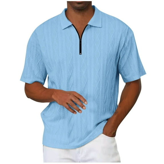 Men's Zipper Pullover Shirts Casual Short Sleeve Loose Fit Textured Tshirt Solid Basic Business Work Tee Tops