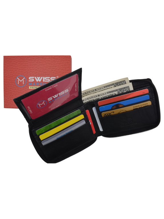 Men's Zipper RFID Blocking Premium Leather Zip-Around Credit Card ID Bifold Black Wallet Box