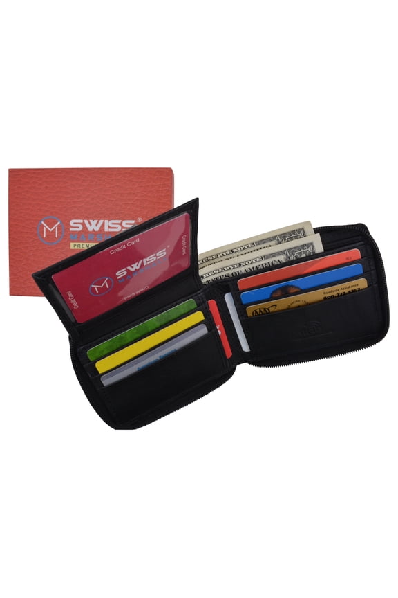 Men's Zipper RFID Blocking Premium Leather Zip-Around Credit Card ID Bifold Black Wallet Box