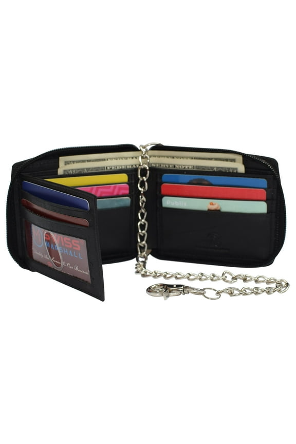 Men's Zipper RFID Blocking Premium Leather Zip-Around ID Bifold Biker Chain Wallet