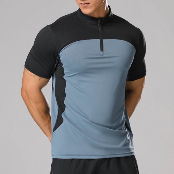 Men's Zipper Shirt, Quick Dry Active Short Sleeve Top with Stand Collar, Elastic Sportshirt for Casual Workout and Everyday Wear