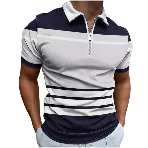 Men's Zippered Short Sleeved Lapel Printed T-shirt Loose Top