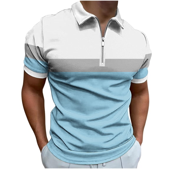 Men's Zippered Short Sleeved Lapel Printed T-shirt Loose Top