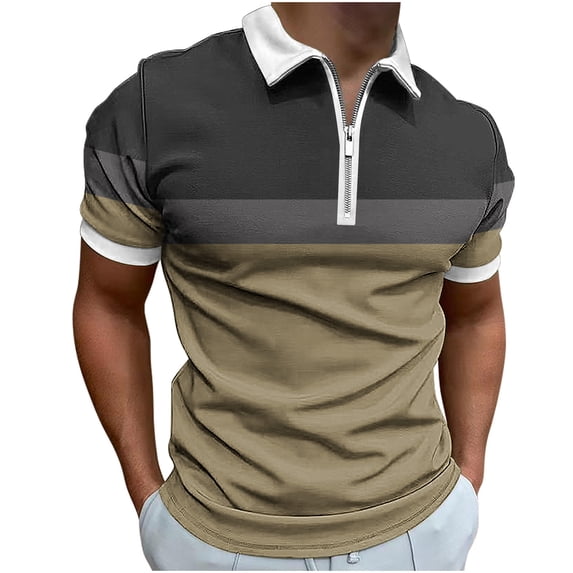 Men's Zippered Short Sleeved Lapel Printed T-shirt Loose Top