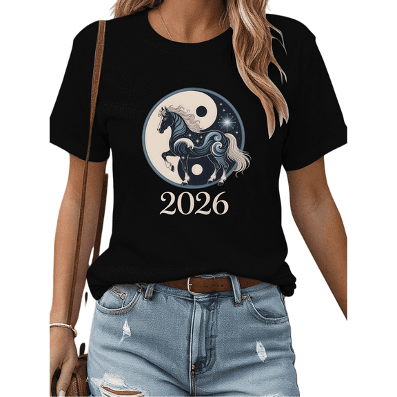 Men's Zodiac T-Shirt - Horse 2026 Yin Yang Print Tee - Chinese New Year Horse Short Sleeve Tops