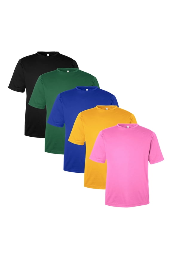 Men's Zone Performance Mesh T-Shirt, 100% Polyester Interlock Short Sleeve Crewneck Tee, Assorted Solid T-shirts (Dark+Bright Color 5 Pack, XS)