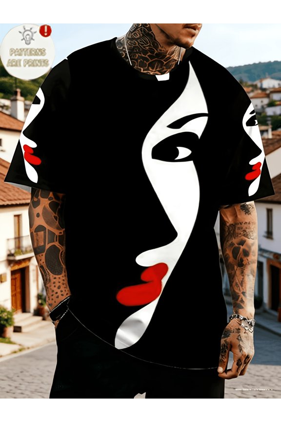 Men's abstract red lip face print round neck short-sleeved T-shirt, personalized trendy casual top