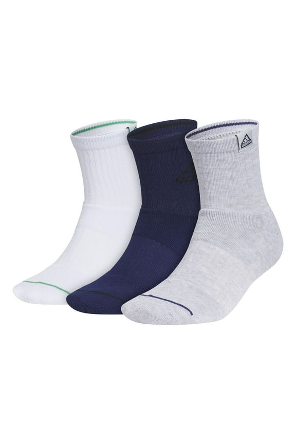 Men's adidas 3-Pack Cushioned Sport High Quarter Sock Color: White Blue Heather Size: 6-12