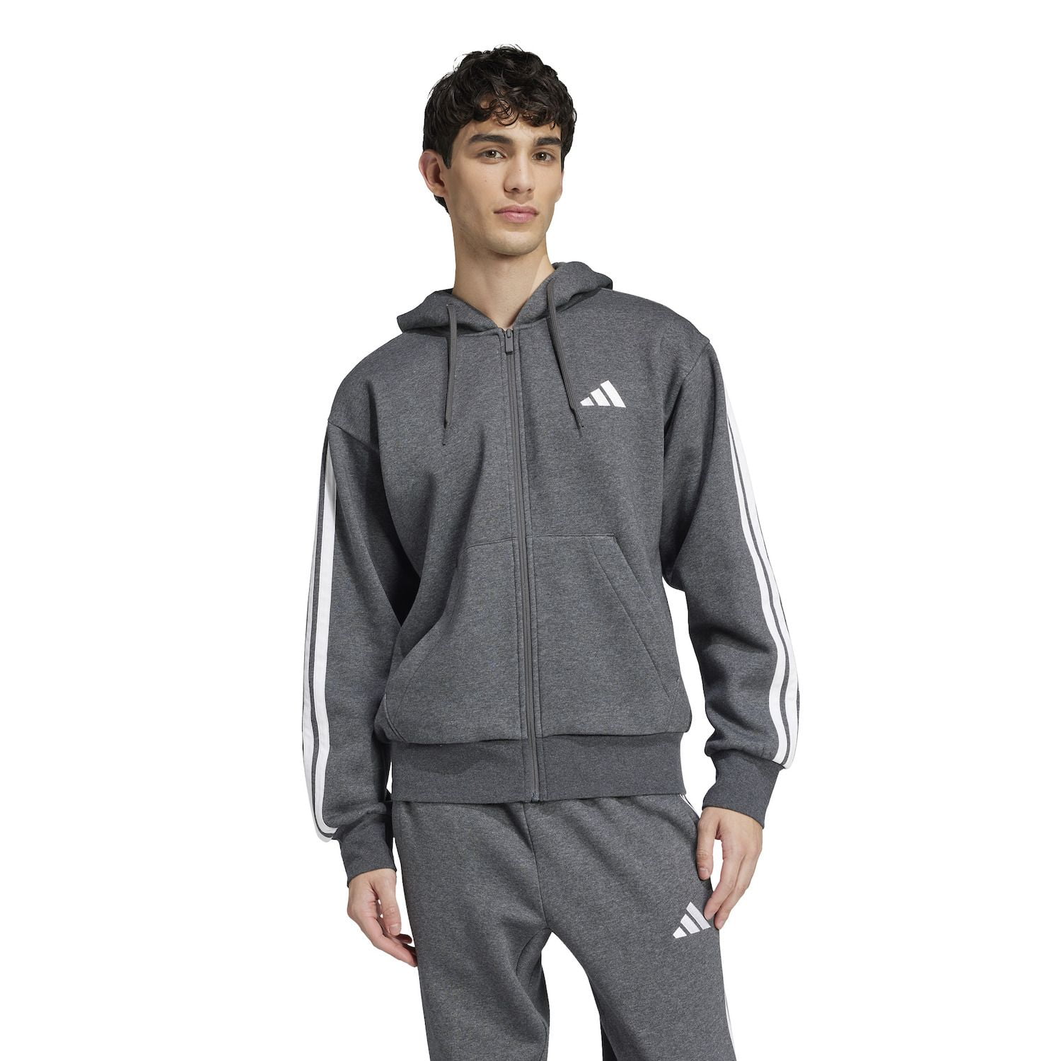 Men's adidas Essentials 3-Stripes Fleece Sportswear Zip Front Hoodie Color: Gray Size: L