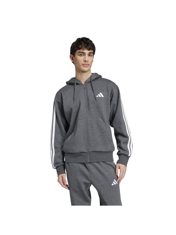 Men's adidas Essentials 3-Stripes Fleece Sportswear Zip Front Hoodie Color: Gray Size: L