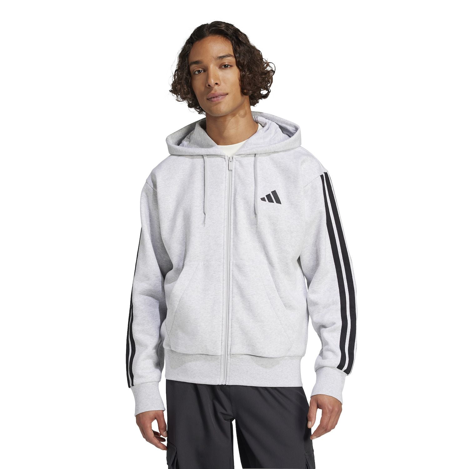 Men's adidas Essentials 3-Stripes Fleece Sportswear Zip Front Hoodie Color: Light Grey Heather Size: XL