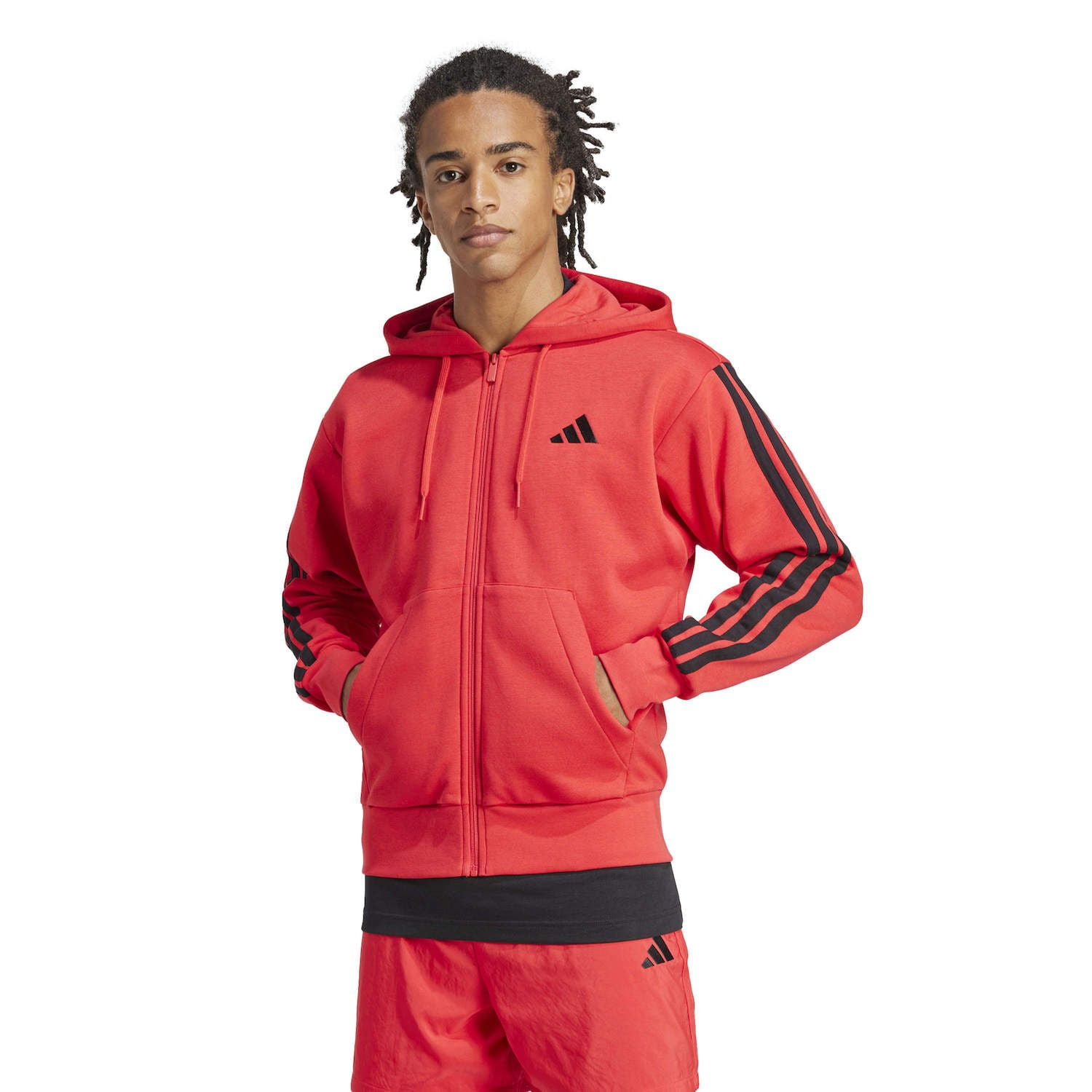 Men's adidas Essentials 3-Stripes Fleece Sportswear Zip Front Hoodie Color: Pure Ruby Black Size: M