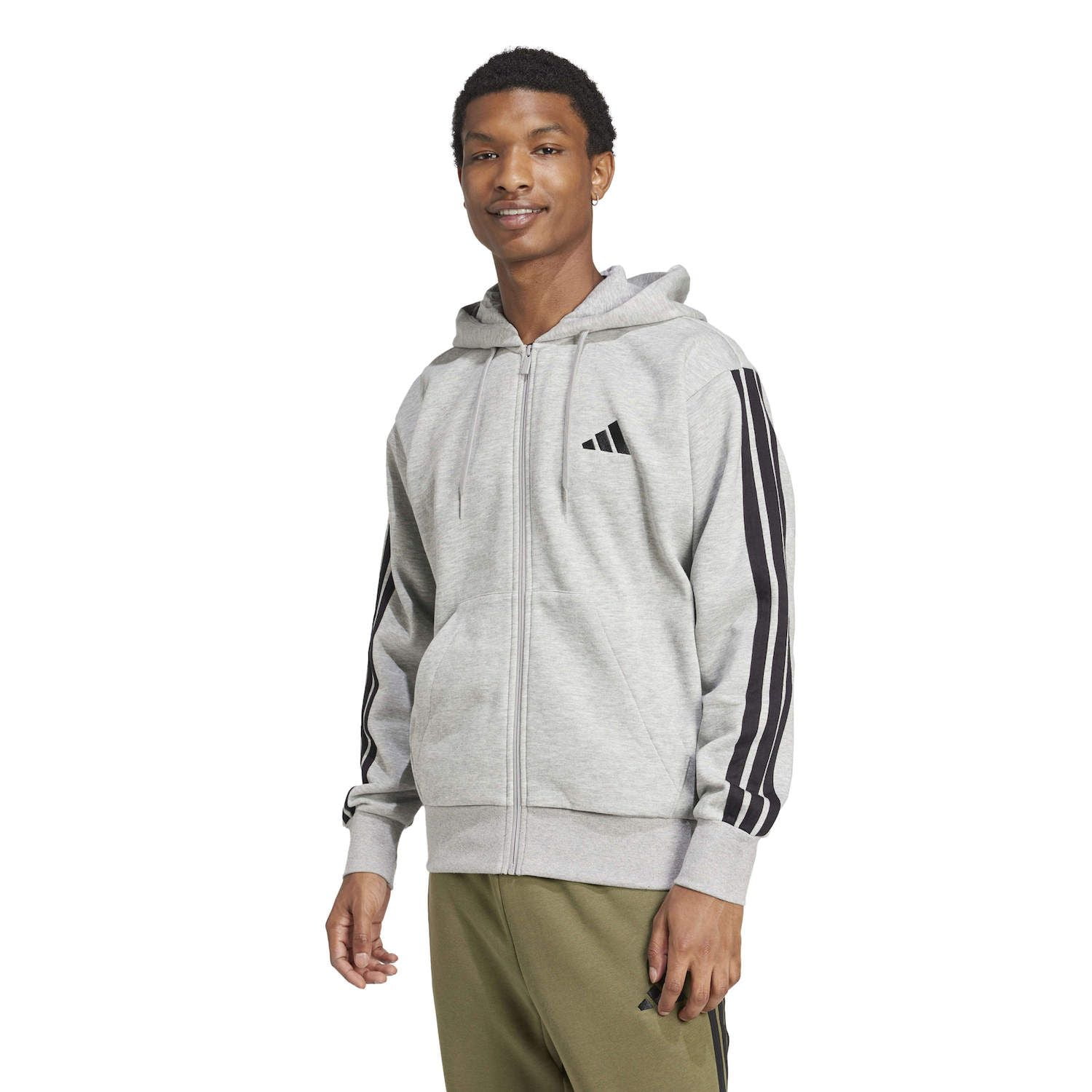 Men's adidas Essentials 3-Stripes Fleece Sportswear Zip Front Hoodie Color: Medium Grey Heather Size: L