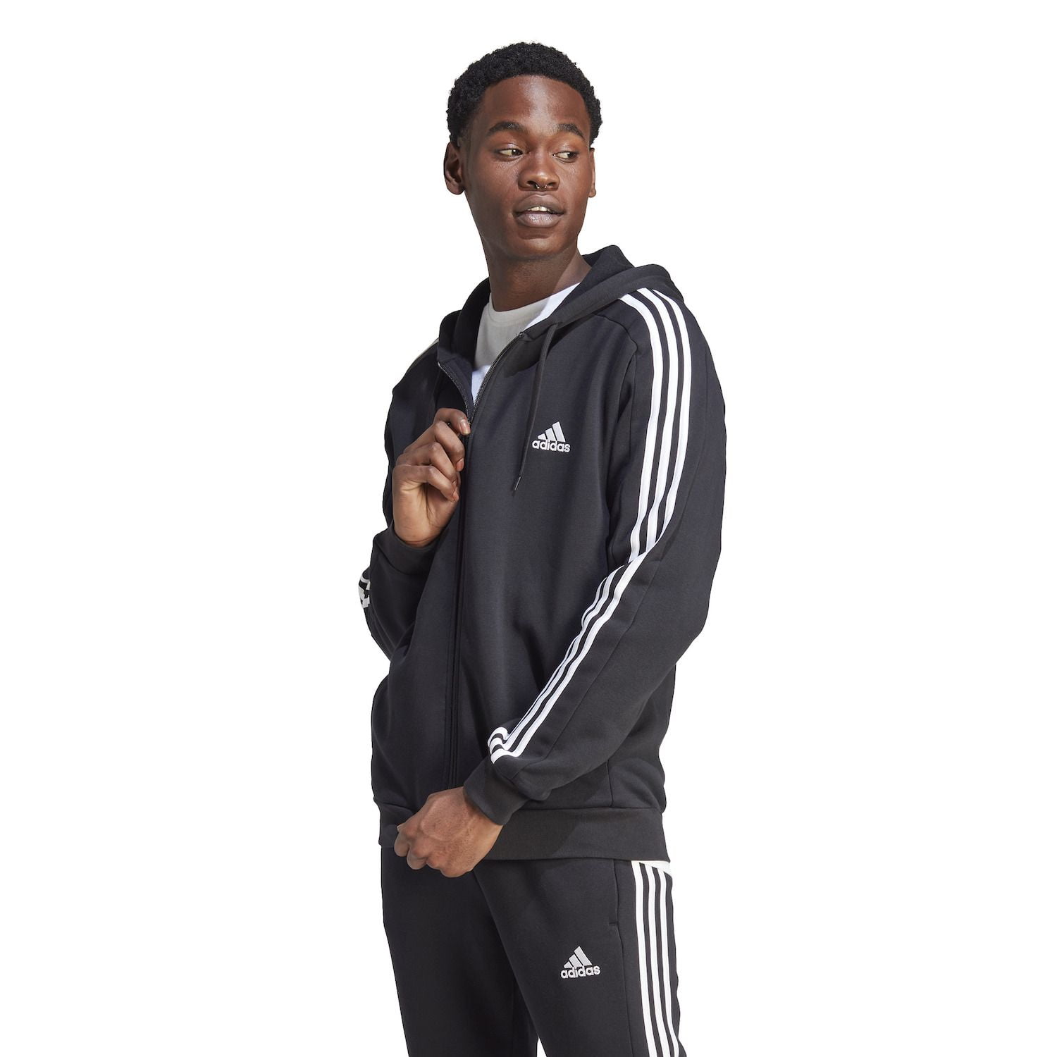 Men's adidas Sportswear Essentials Fleece 3-Stripes Full-Zip Hoodie Color: Black Size: M