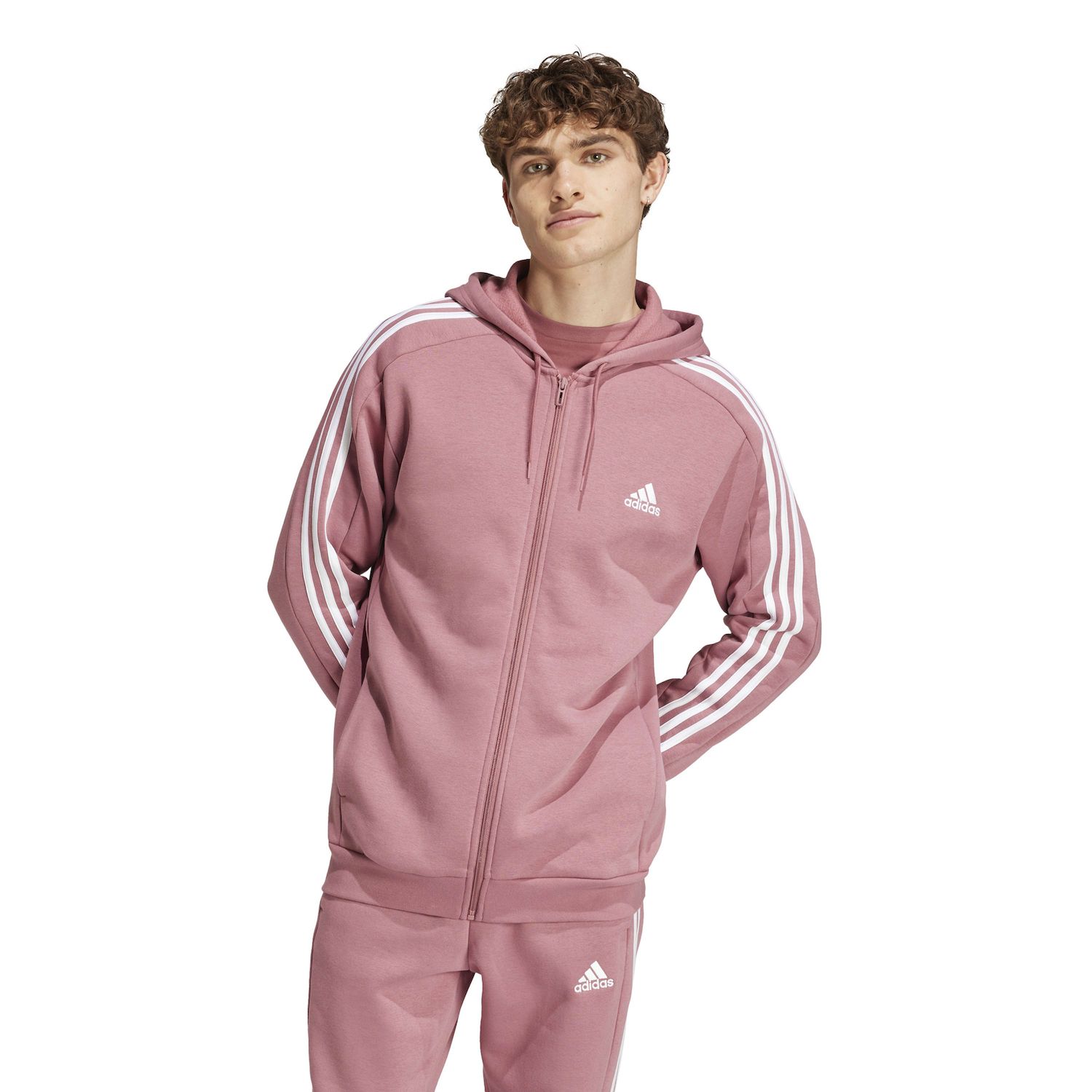 Sudadera con cremallera completa adidas Sportswear Essentials Fleece 3-Stripes para hombre, color: Preloved Crimson, talla: M