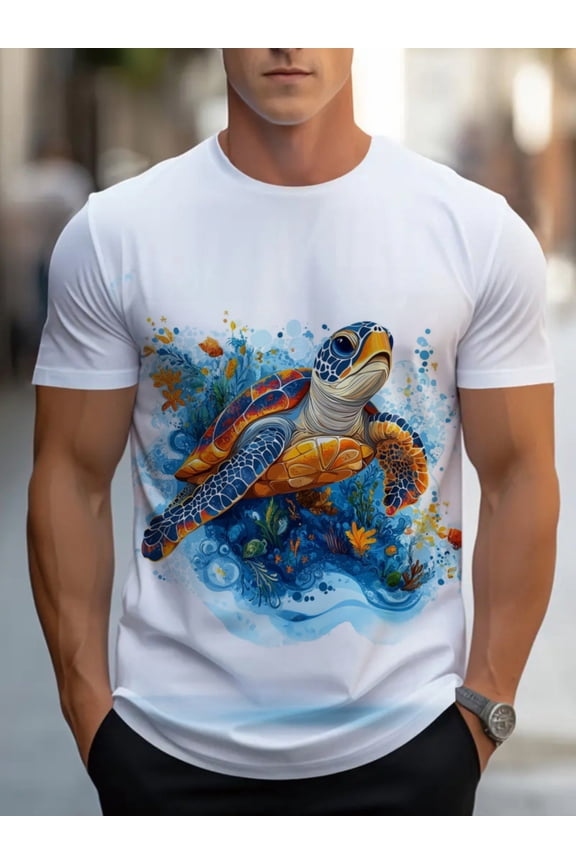 Men's adult short-sleeved T-shirt, suitable for home wear, displaying vivid turtle patterns, made of soft materials, comfortable and durable, suitable for casual wear