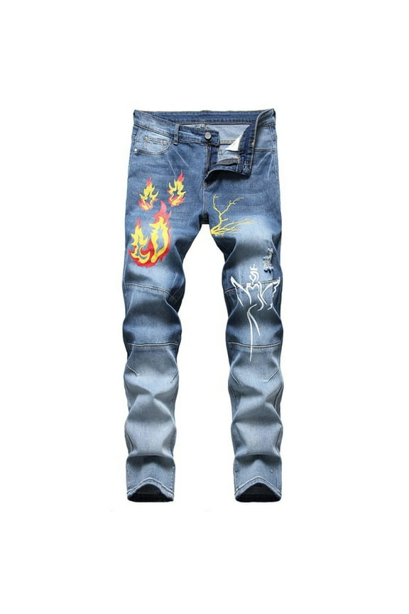 Men's and Big Men's Baggy Jeans for Men High-end Stretch Light Color Print Trendy Slim Jeans Blue2 L Denim Pants for Men