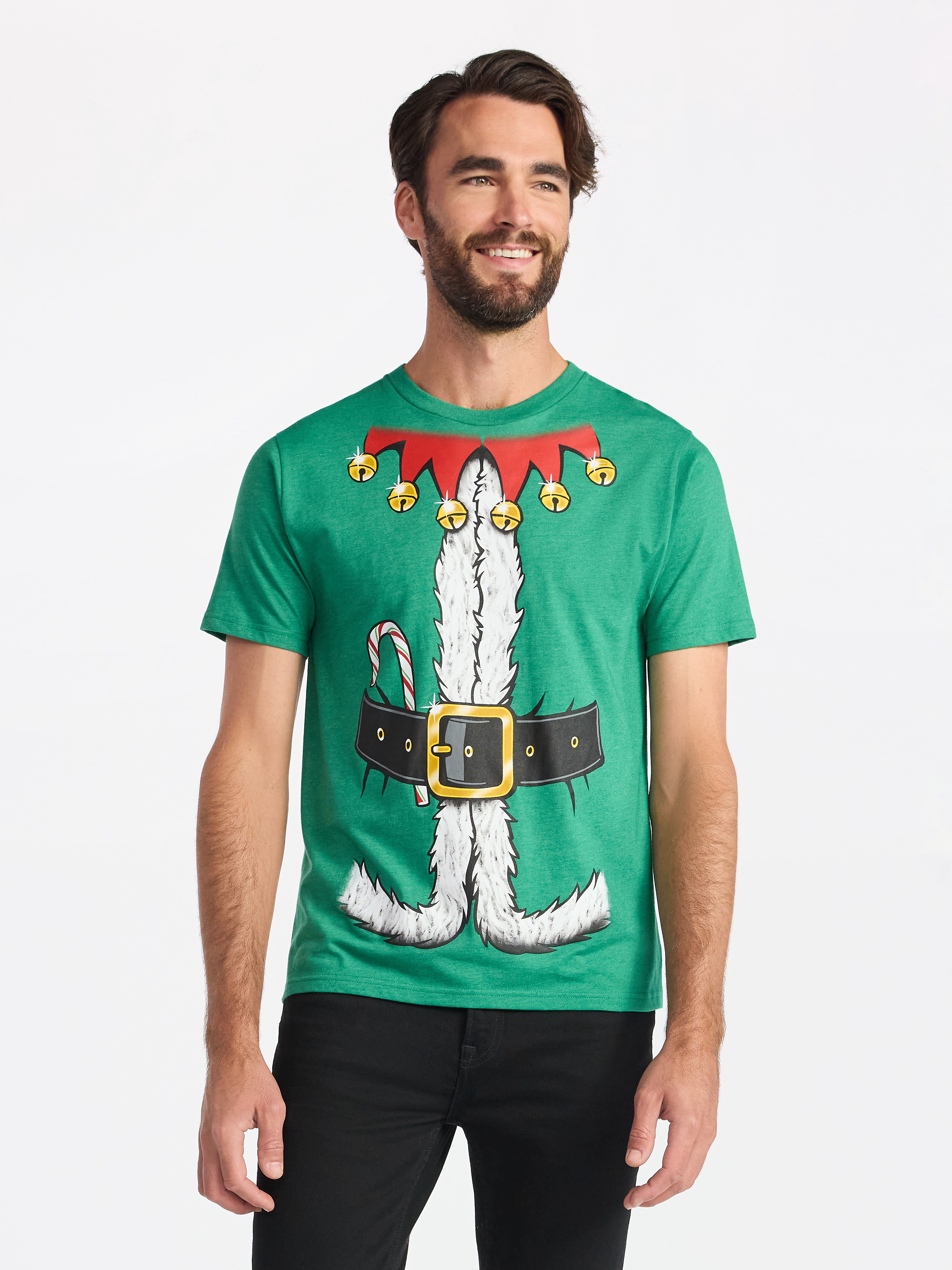 Christmas Men's and Big Men's Elf Suit Cosplay Little Helper Graphic Tee from Holiday Time, Sizes XS-3XL