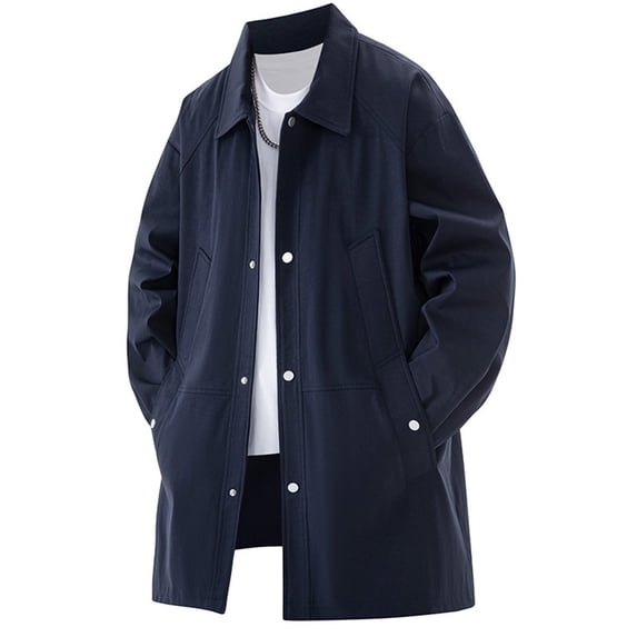 Men's and Big Men's Jacket Outerwear Blue Fashion Casual Trench Coat Pockets Fall Button-Up Mens Winter Clothes