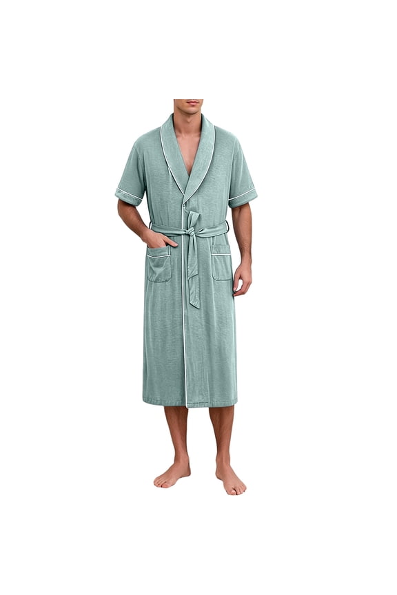 Men’s and Big Summer Cotton Bathrobe Lightweight & Breathable Short Sleeve Modal Kimono Robe with Pockets and Belt Size L-4XL Green