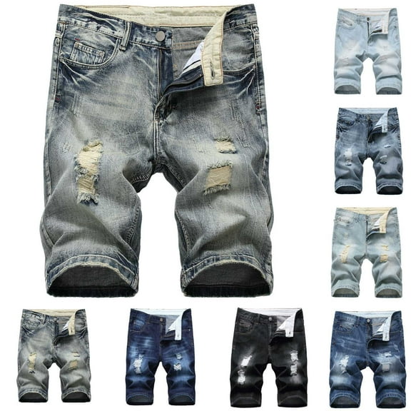 Men's and Big and Jean Shorts Ripped Trunks Stretchy Washed Jeans Trunks Cut-Off Classic Biker Jeans Trunks Cargo Pocket Pants for Men Light Blue