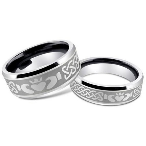 Men's and Ladies 8MM/6MM Tungsten Carbide Irish Claddagh Design Wedding Band Ring Set
