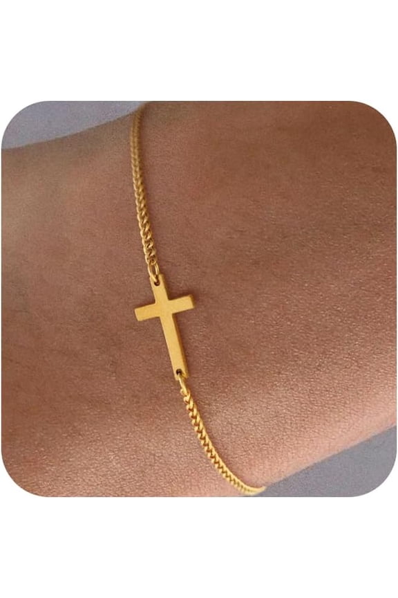 Men's and Teenagers' Two-Tone Cross Bracelet, Stainless Steel Adjustable Christian Religious Jesus Jewelry Cuban Chain Links