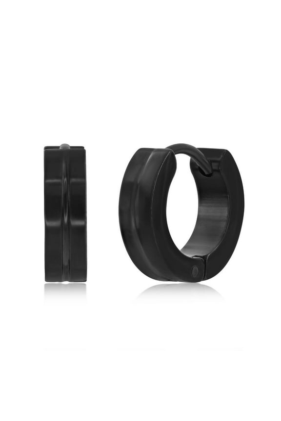 Men’s and Unisex Polished 13mm Lined Huggie Hoop Earrings |Black IP Plated Sterling Silver Earrings | Jewelry for Men and Women