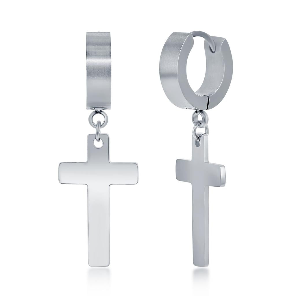 Men's and Unisex Polished Cross Huggie Hoop Earrings Stainless