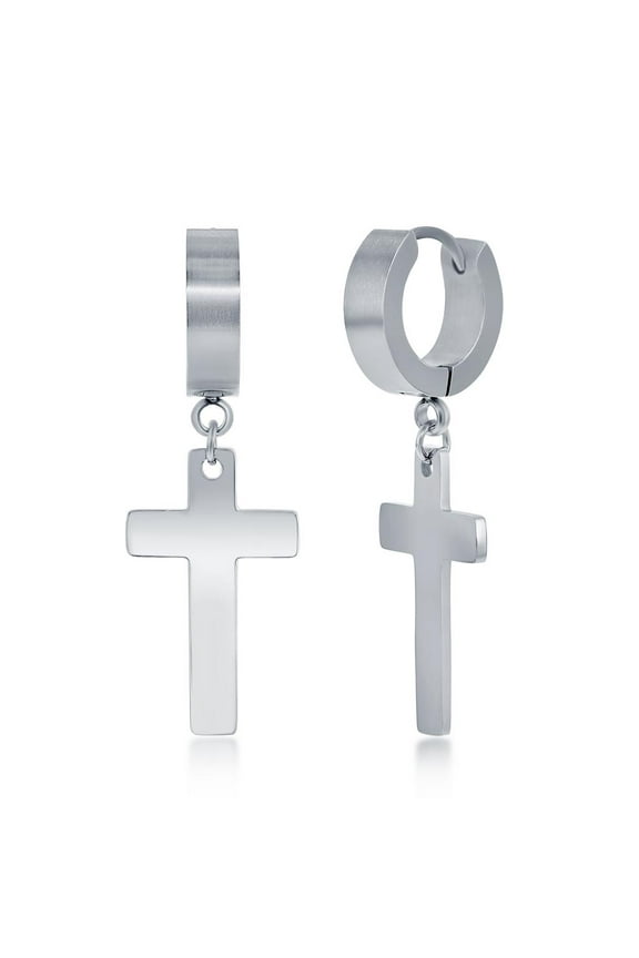 Men’s and Unisex Polished Cross Huggie Hoop Earrings | Stainless Steel Charm Earrings | Jewelry for Men and Women