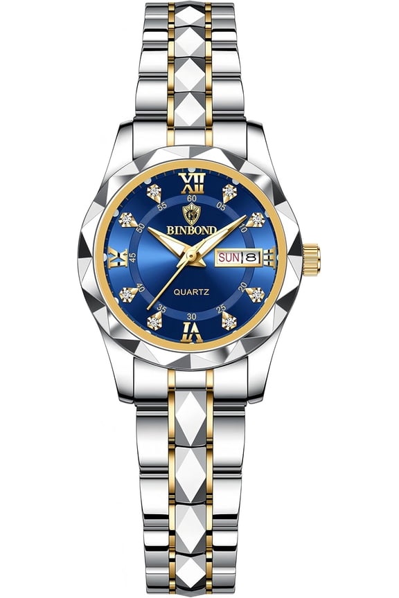 Men's and Women's Business Diamond Stainless Steel Waterproof Roman Numeral Analog Quartz Watch with Day-Date Calendar, Gold and Silver Tone