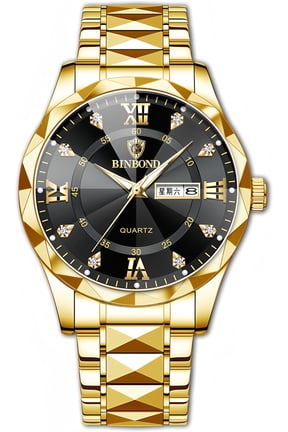 Men's and Women's Business Diamond Stainless Steel Waterproof Roman Numeral Analog Quartz Watch with Day-Date Calendar, Gold and Silver Tone