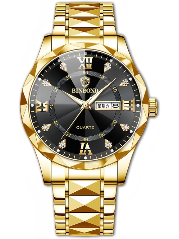Men's and Women's Business Diamond Stainless Steel Waterproof Roman Numeral Analog Quartz Watch with Day-Date Calendar, Gold and Silver Tone