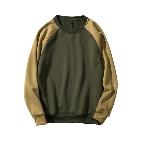 Men's and Women's Casual Color-blocked American Retro Round-neck Hoodie, Men's Long-sleeved Base Layer and Pullover Hoodie,Army Green,L