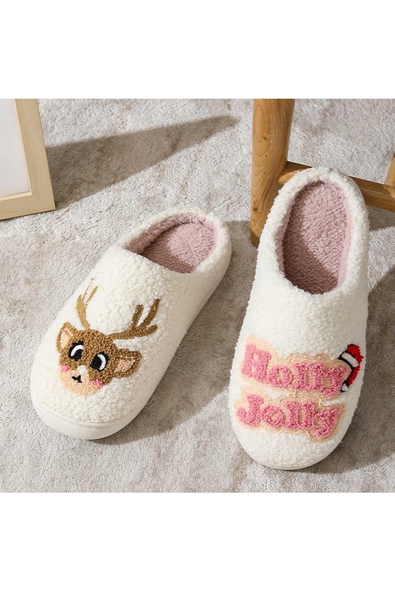 Men's and Women's Christmas Cotton Slippers for Home Warm Indoor Woolen House Shoes, White, 38