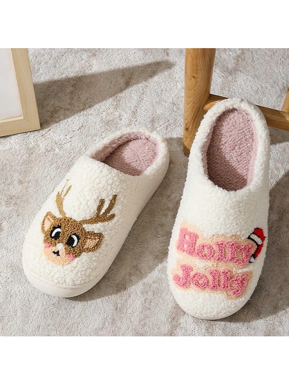 Men's and Women's Christmas Cotton Slippers for Home Warm Indoor Woolen House Shoes, White, 40
