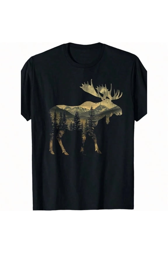 Men's and Women's Moose Silhouette Nature Landscape Graphic T-Shirt, Mountain Forest Wildlife Tee