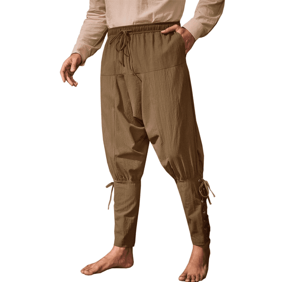 Men's ankle-strap pants, Renaissance Viking pirate sailing costume trousers, lace-up cotton pants