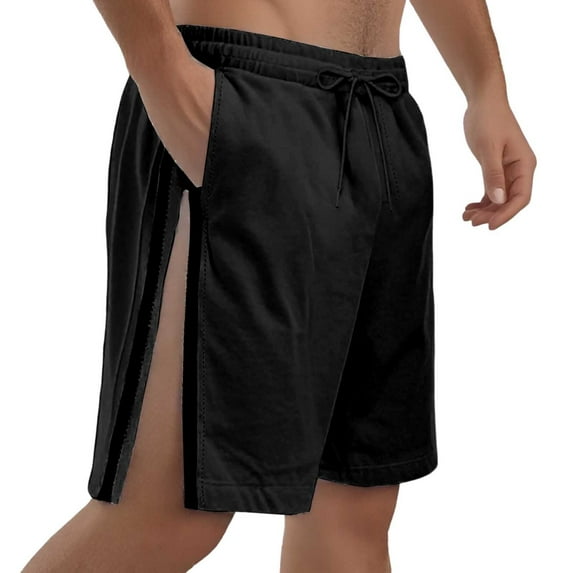 Men's basketball shorts with side zipper - sporty, solid color workout shorts with pockets for casual running, beach, casual baggy shorts. (Black, XL)