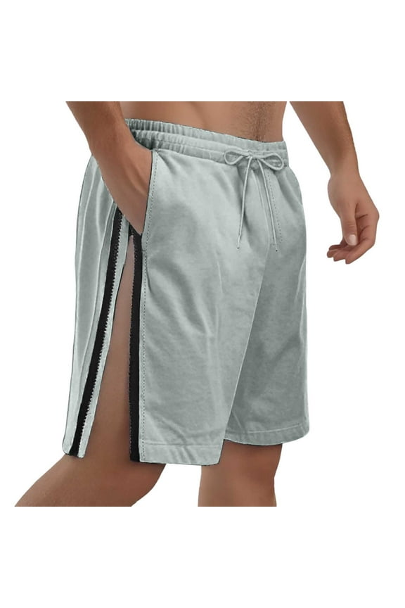 Men's basketball shorts with side zipper - sporty, solid color workout shorts with pockets for casual running, beach, casual baggy shorts. (Grey, M)