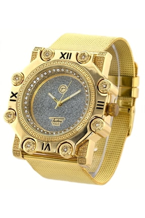 Men's big gold tone CZ Hexagonal clubbing 51mm case watch