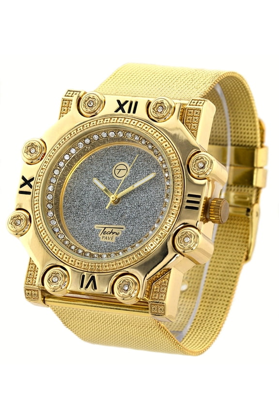 Men's big gold tone CZ Hexagonal clubbing 51mm case watch