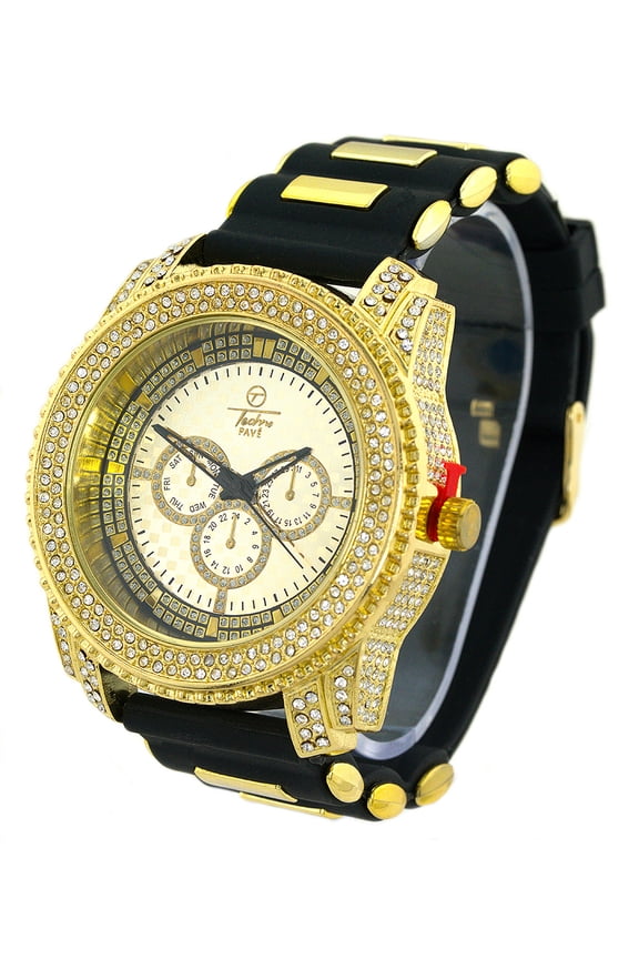 Men's big heavy gold tone clear CZ clubbing watch 51mm