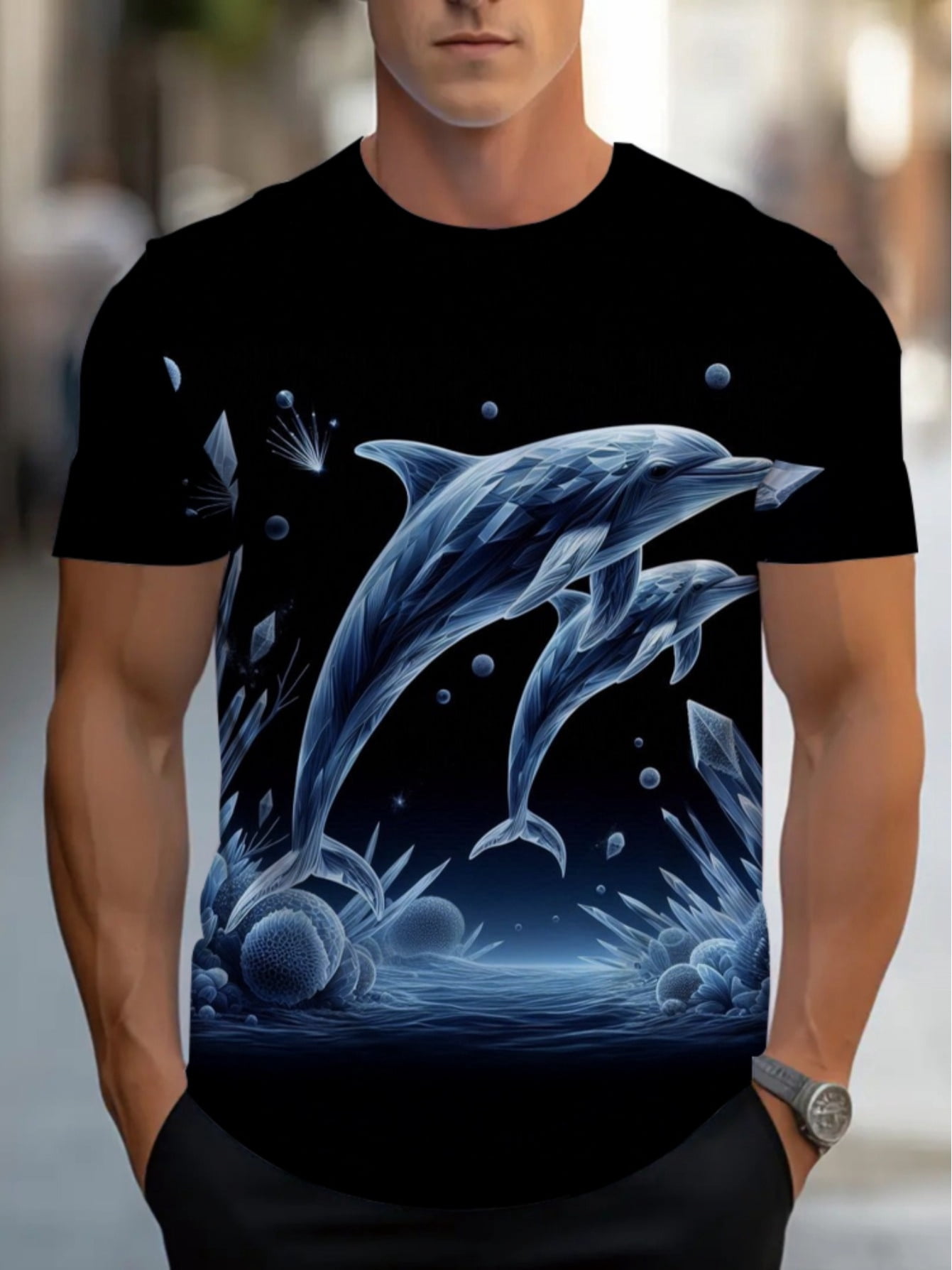 Men's black dolphin print T-shirt with unique design and smooth