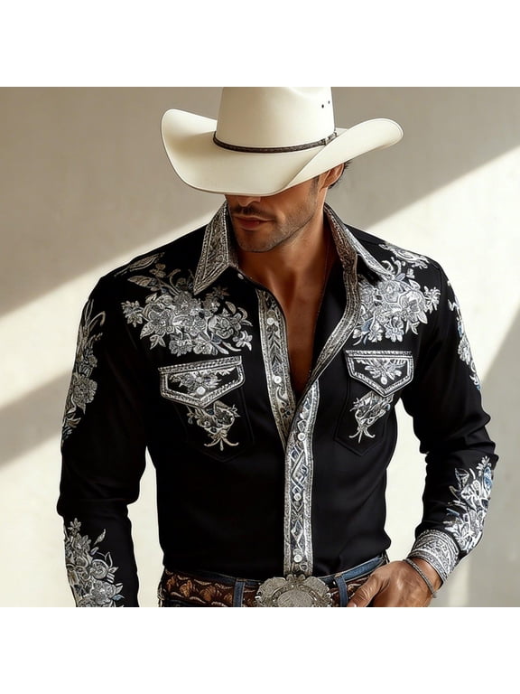 Men's black western style silver thread floral printed shirt, retro American design, shaping free and easy tough masculinity, adult casual and versatile wear, suitable for daily and street occasions