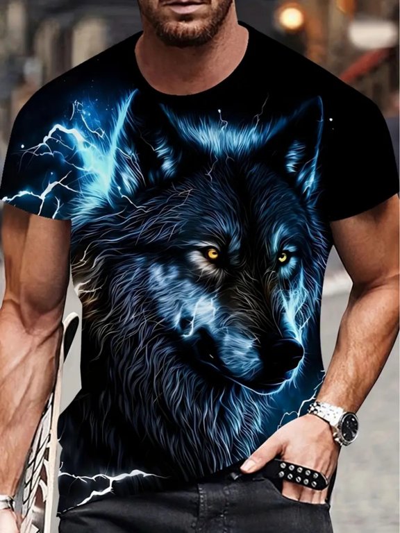 Men's blue wolf print T-shirt casual sports T-shirt micro-elastic outdoor clothing | breathable summer knitted fabric, regular version crew neck, light and comfortable, suitable for casual wear